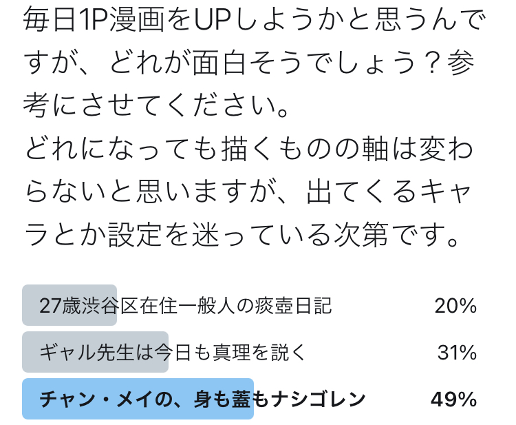 【毎日マンガ投稿の最初にして最大ののハードルを超えました】
タイトル決めました。こちらで平日毎日マンガUP宣言です。
個人的には「27歳渋谷区在住一般人の痰壺日記」がお勧めでしたが、さすがに痰壺は汚かったのでしょうか…笑笑
触れるもの皆ネタにする覚悟で生きます。お願いします?? 