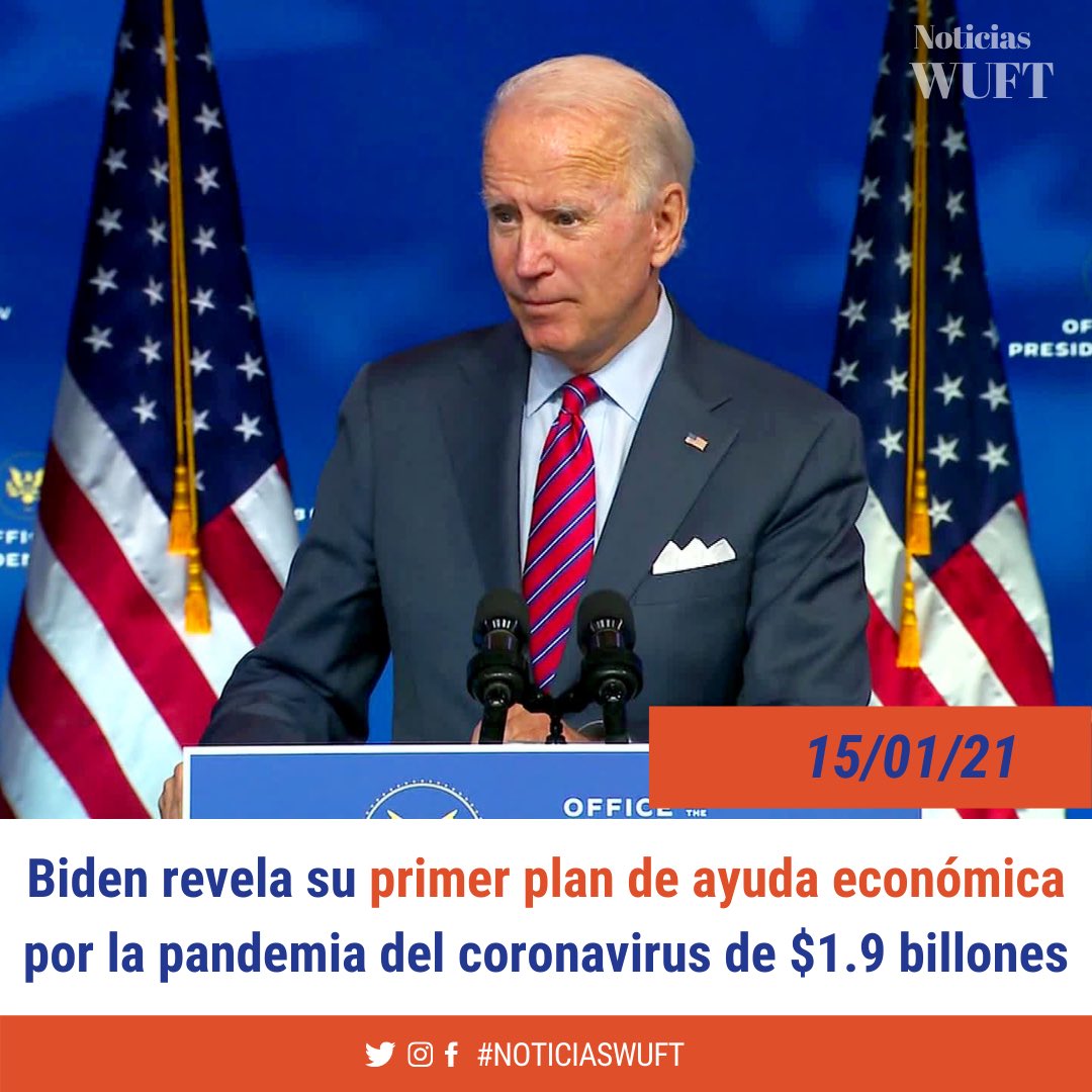 NoticiasWUFT's tweet photo. El plan consiste en tres áreas:$400,000 millones para agilizar la distribución de vacunas y pruebas, mil millones para cheques de estimulo y $440,000 millones para el sector empresarial y gobiernos. Aquellos que cumplan los requisitos podrán recibir $1400 en un cheque de ayuda. https://t.co/slI9xZW7Mk