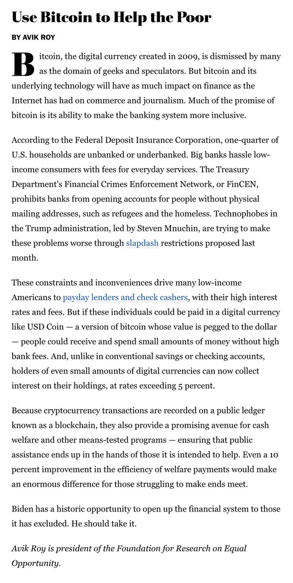 25% of U.S. households are unbanked or underbanked. Paying people in dollar-pegged versions of bitcoin, often called "stablecoins," can enable these low-income families to earn interest on their savings, at rates exceeding 5%.