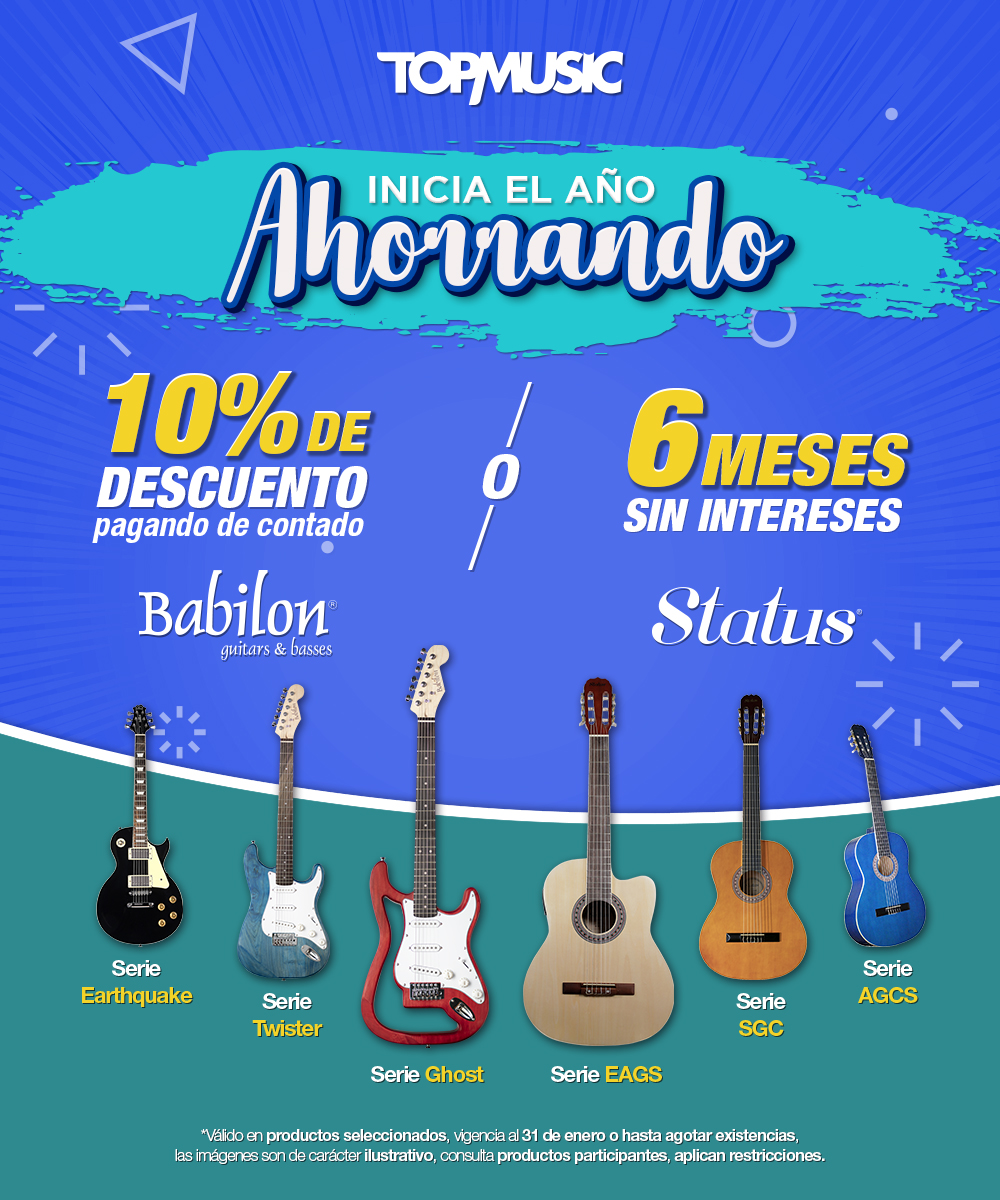#IniciaElAñoAhorrando, las mejores promociones están en TopMusic. 10% de descuento pagando de contado o 6 meses sin intereses en productos seleccionados de las marcas Babilon Guitars y Status. ¡Porque amamos la música! 
⁣