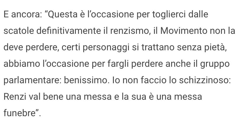 davcarretta's tweet image. Segnatevi questa frase di Alessandro di Battista. 

“Io non faccio lo schizzinoso: Renzi val bene una messa e la sua è una messa funebre”.

Chi non condanna con il massimo vigore è complice dell’imbarbarimento civile e politico.