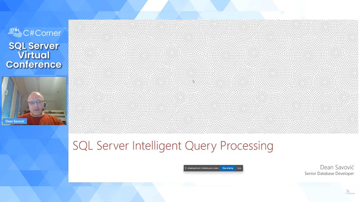 CSharpDotTV's tweet image. C# Corner SQL Server Virtual Conference - Day 2. @dsavovic is live now and talking about SQL Server 2019 Intelligent Query Processing!

Live streaming&amp;gt;&amp;gt; c-sharpcorner.com/live/

@CsharpCorner @SQLServer #SQLServer #SQL #SQLConference #sqlserver2019 #sqlfamily #CsharpLiveShow