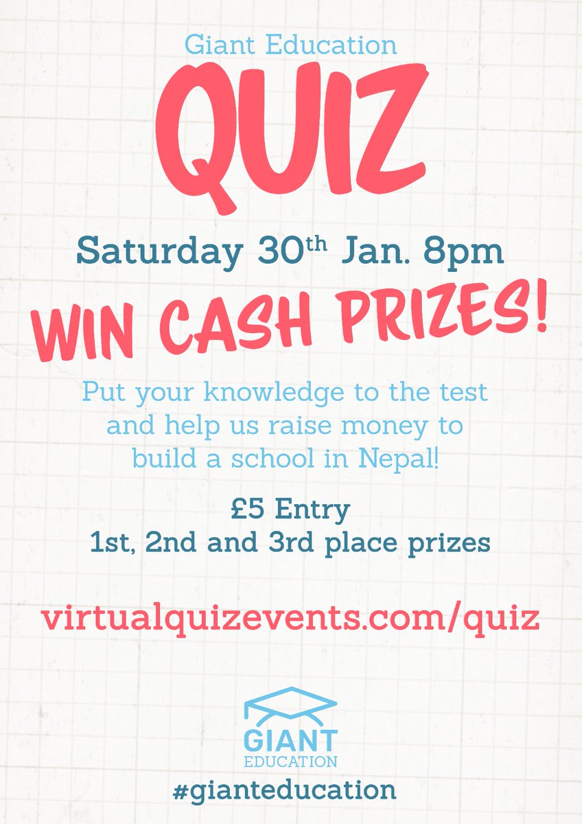 education_giant's tweet photo. Tonight @8pm. 
Win a cash prize and help us build our school in Nepal.

Register today through The Virtual Quiz Events website or use the link: https://t.co/2hn7gnE4wc

#quiz #everychildmatters #buildon #virtualquizevents #community #education4all #buildschools https://t.co/xfy0AWJVLw