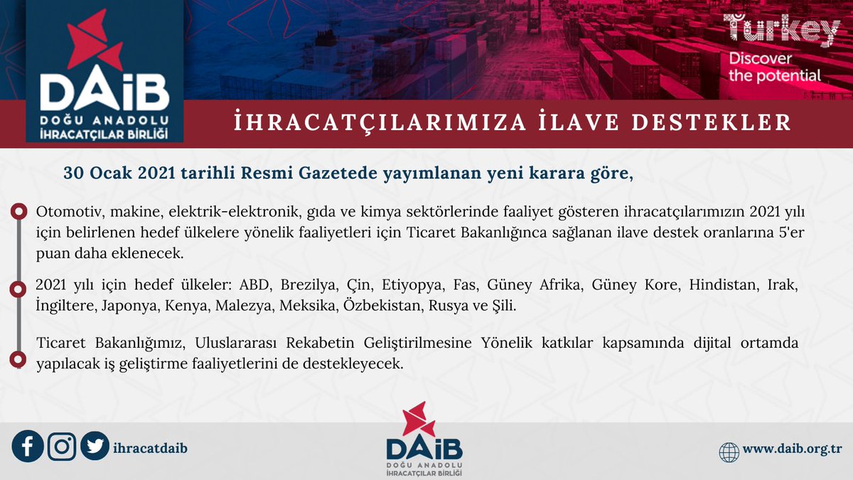 ✅ Resmi Gazete'de yayımlanan iki ayrı #Cumhurbaşkanlığı  kararıyla ihracatçılarımıza destekler artırıldı.

👉Ayrıntılı bilgi için, resmigazete.gov.tr

#ihracatdaib