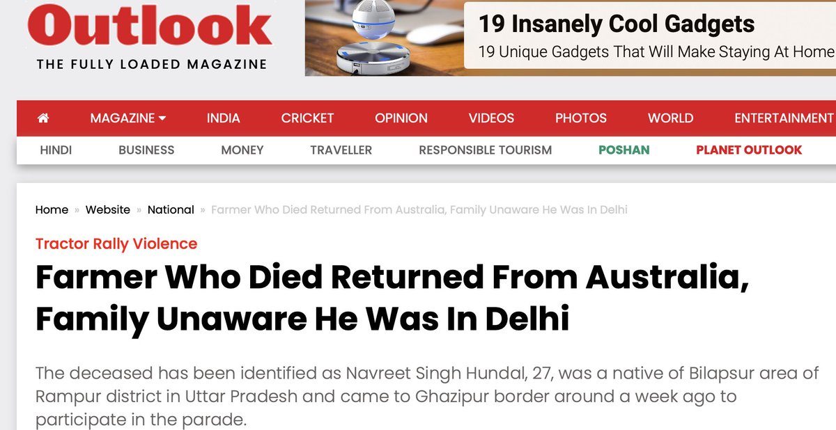 Then,  @BhardwajAnanya piece says  #NavreetSingh was NOT a farmer; well, he wasn't. He was a student in Melbourne, Australia- then why are  @timesofindia and  @Outlookindia calling him Farmer in headlines?