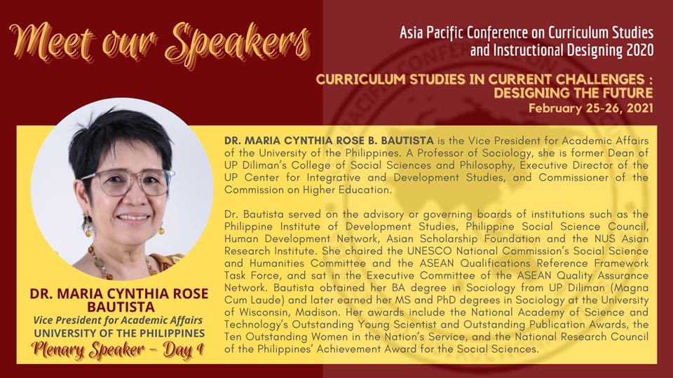 Get to know one of the PLENARY SPEAKERS of the upcoming 4th Asia Pacific Conference on Curriculum Studies and Instructional Designing (APCCSID). This is FREE for all APRACSI and CSAPI members. To register or be a member, please CLICK the link below. bit.ly/APCCSID2020