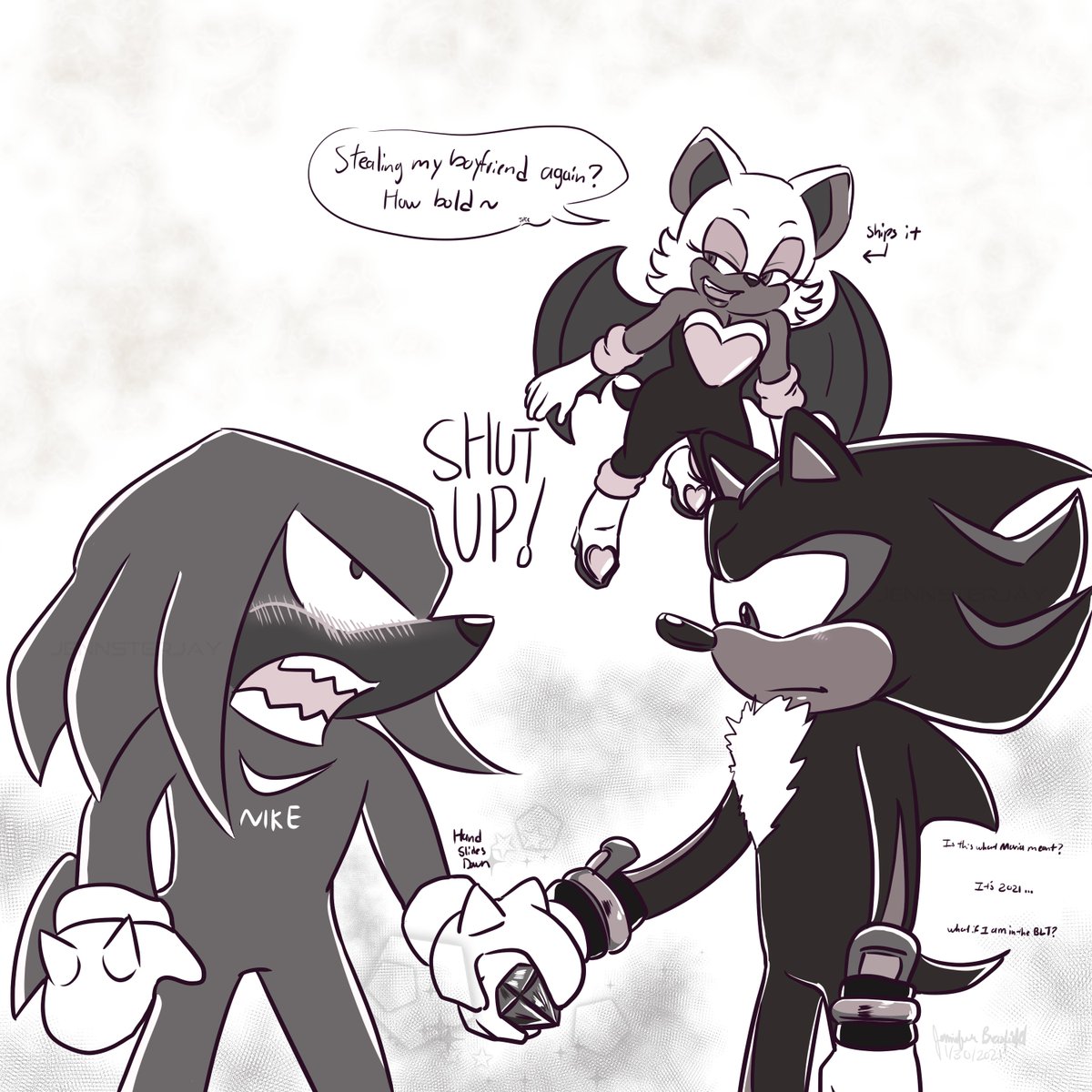 JennsterJay's tweet photo. Bonus

They were on their way to teleport to a mission and Rouge starts messing with Knuckles lmao https://t.co/7ISTUVigCu