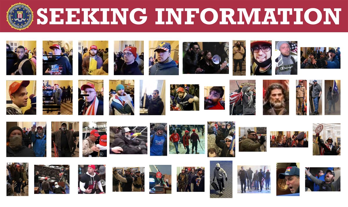 The #FBI needs your help identifying individuals who instigated violence on January 6 in Washington, D.C. Visit ow.ly/30yF50D9XY8 to see images from current cases, and if you see someone you recognize, submit a tip at tips.fbi.gov. #SeekingInfoSaturday <a href="/FBIWFO/">FBI Washington Field</a>