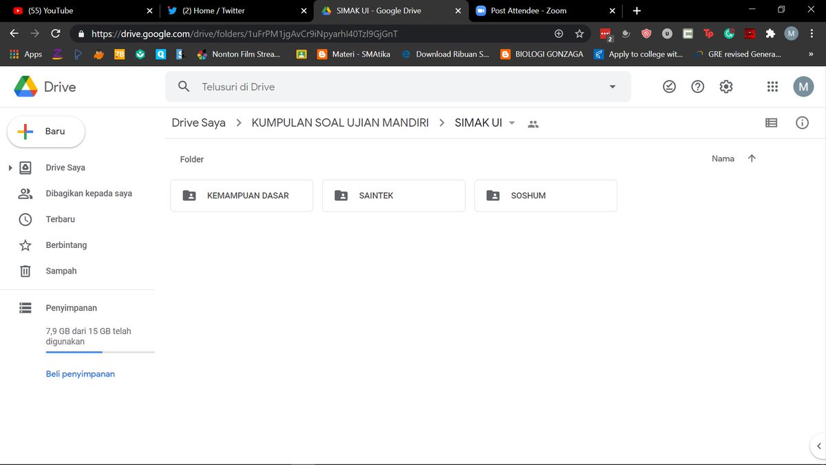 hai semuanya! jadi aku udah ngumpulin soal SIMAK UI dari tahun 2009-2019, baik saintek, soshum, maupun TKD. oh iyaa, di tiap soalnya aku pisah-pisah per tahun dan aku juga udah bikin cover per tahun biar menarik aja hehe. selamat belajar semua!! drive.google.com/drive/folders/…