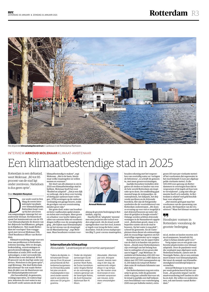 #Klimaatadaptatie interview <a href="/nrc/">NRC</a> met Chief Resilience Officer <a href="/arnoudmolenaar/">Arnoud Molenaar</a> van <a href="/rotterdam/">Gemeente Rotterdam</a>.
👍🏼#010
