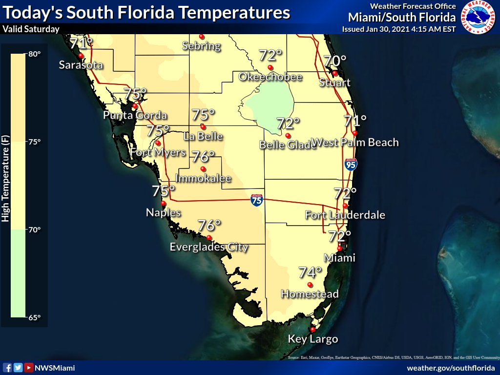 Nws Miami A Few Degrees Warmer This Afternoon With Highs In The Low To Mid 70s Across Much Of Soflo With Broad High Pressure Still Controlling The Region Expect Another
