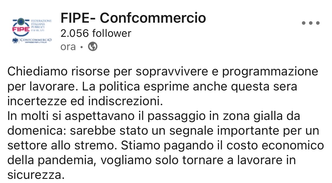 Molti si aspettavano il passaggio in zona gialla da domenica:segnale importante per un settore allo stremo. Stiamo pagando il costo economico della pandemia, vogliamo solo tornare a lavorare in sicurezza.