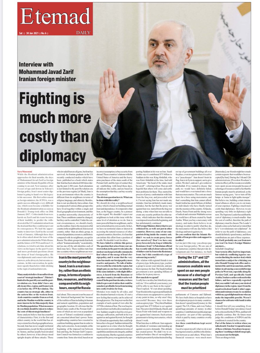  #Thread For those who are interested in Full EN translation of my interview with  @JZarif :  https://etemadonline.com/content/461844&nbsp;We didn’t trust the Europeans and didn’t overestimate their power. They indeed proved this time that they cannot do anything when it comes to  sanctions./1  https://twitter.com/saramassoumi/status/1352853778983223296