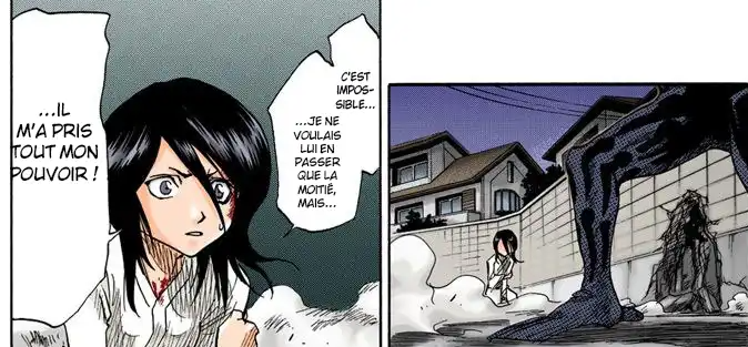 La perte des pouvoirs de Rukia fait qu'elle a rétréci et n'est pas dans son kimono blanc.