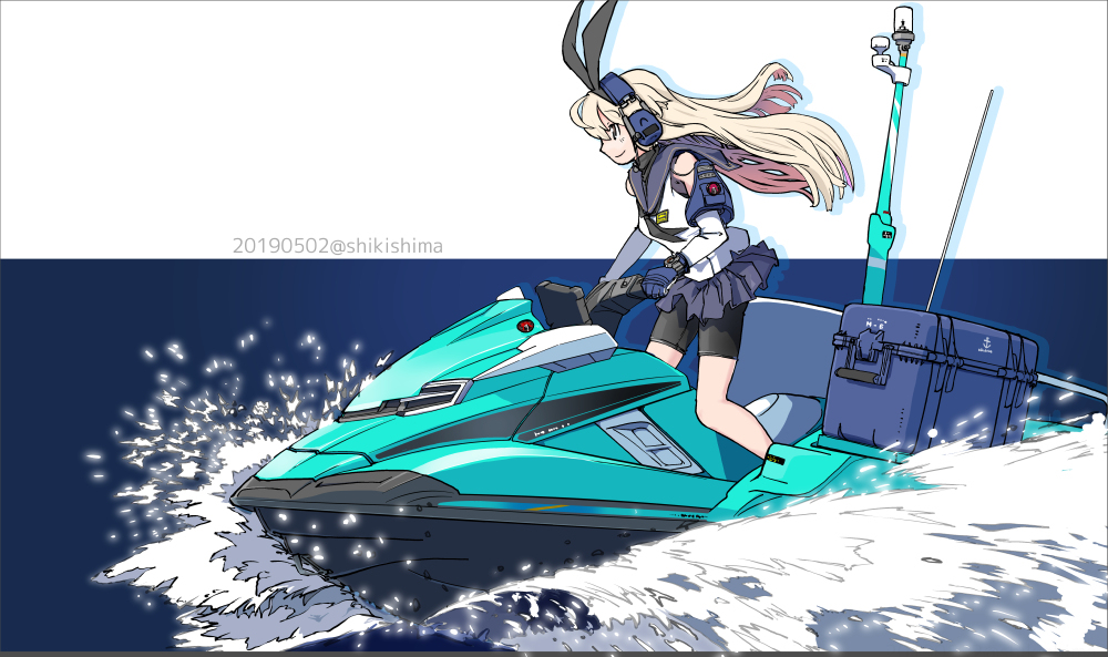shimakaze (kancolle) 1girl long hair blonde hair solo skirt gloves ground vehicle  illustration images