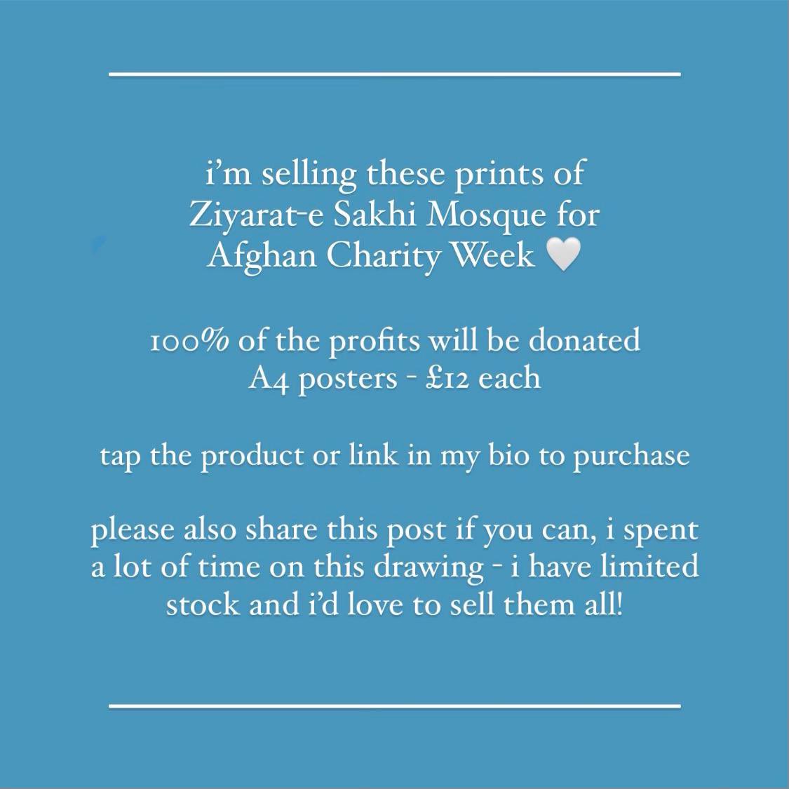 afghancharitywk's tweet photo. @thaminaaktar is selling these beautiful prints of Ziyarat e Sakhi mosque in Kabul for ACW in collaboration with @imperialafgsoc !! You can buy an A4 print for £12 at her Etsy - https://t.co/mLwiShXVU2 . All profits will be going to @enabledchildren! https://t.co/jAhlariktI
