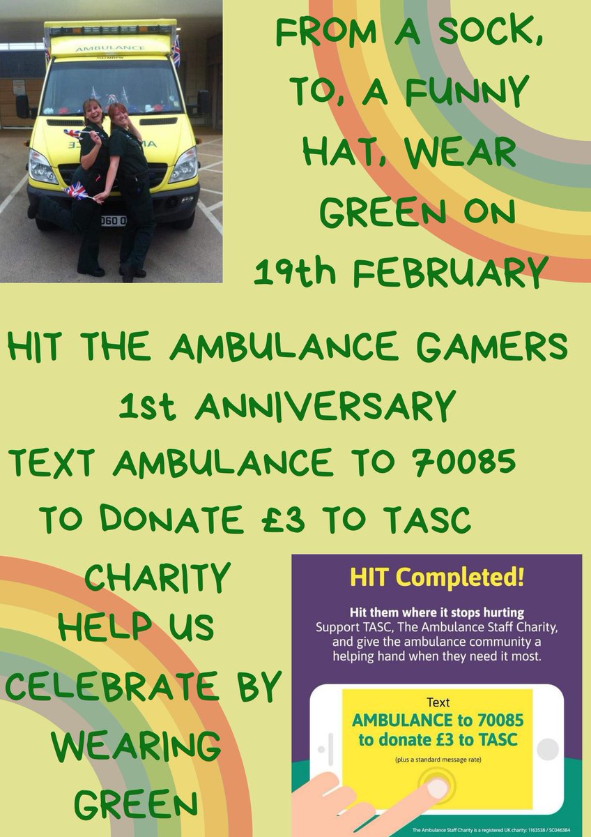 charhys32's tweet photo. @964thewave its our anniversary soon, 19th February. So we're asking everyone to wear GREEN!!  Then a small text hit donation #HITTHEAMBULANCEGAMERS, by texting AMBULANCE to 70083 to TASC the mental health charity, that helps with the trauma that our HEROES see daily. 🧡💜💙💚❤ https://t.co/1w869LH8Qp