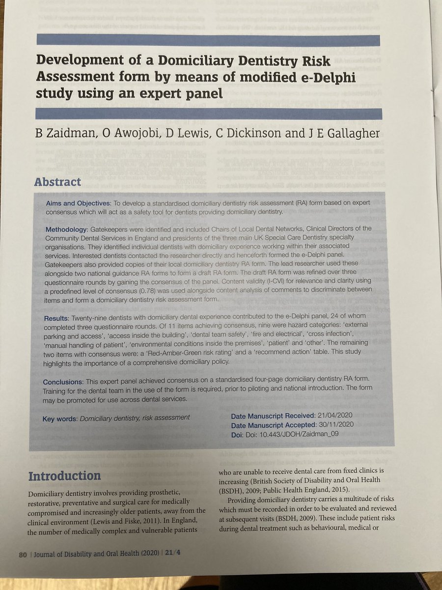 New paper published on developing a domiciliary dental risk assessment  #journalofdisabilityandoralhealth  <a href="/debbie25339038/">debbie</a> <a href="/ZaidmanBrooke/">Brooke Zaidman</a>    Important area that is going to need investment and training in the future