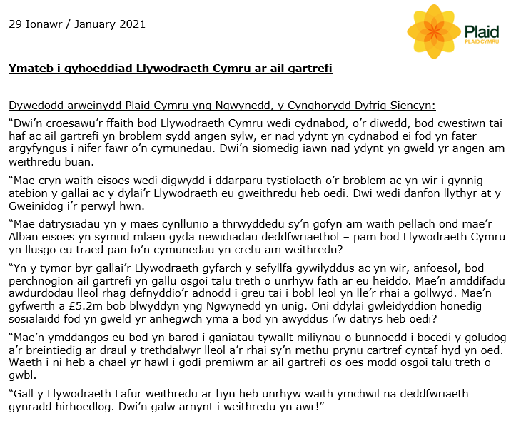 Plaid_Gwynedd's tweet photo. Ymateb Arweinydd Plaid Cymru #Gwynedd, Dyfrig Siencyn i gyhoeddiad Llywodraeth Cymru (linc isod) ar #ailgartrefi yr wythnos yma: "Dwi'n siomedig iawn nad ydynt yn gweld yr angen am weithredu buan...
https://t.co/RvciY2OVrl https://t.co/RTqOKomUJi