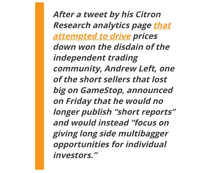 Some hedge funds got burned heavily in the past - Elon Musk, CEO of Tesla always put  $TSLA shorts to the sword, with devastating results!Citron Research is an example of a prominent hedge that was forced to exit its Tesla short position.The  $GME battle drove the point home...