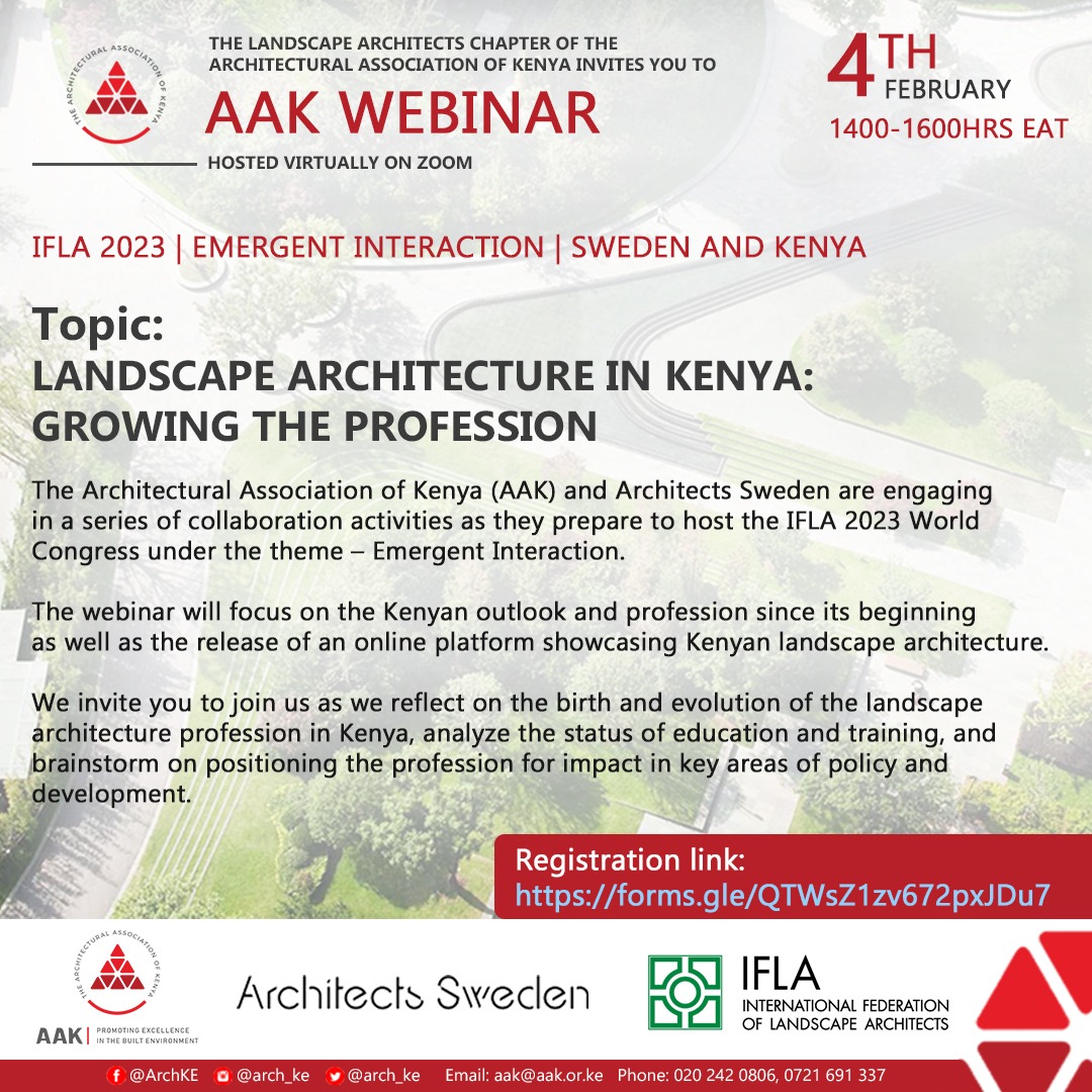 Arch_KE's tweet photo. Join AAK Landscape Architects chapter and Architects Sweden as they reflect on the birth and evolution of the landscape architecture profession in 
Kenya on Wednesday 4th Feb at 2pm 

Register at https://t.co/RyQbAVYe1y

@IntFedLandArch @OfafaAmbrose https://t.co/78mQib5Nep