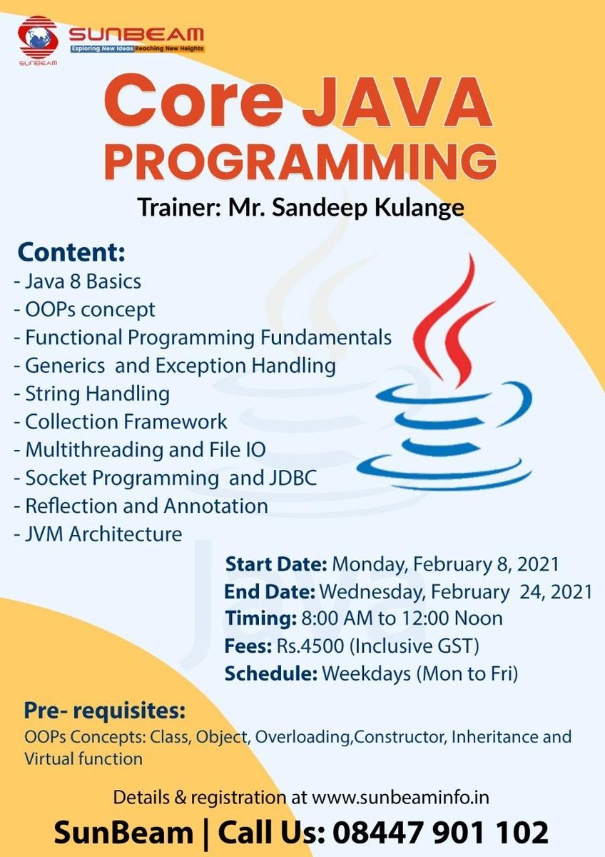 siitofficial's tweet image. On popular demand, we have launched a NEW batch for Core Java!!
If you have missed the last batch, grab the chance and Register NOW!
For more details and registration: 
sunbeaminfo.in/modular-course…
 Also, Share the Information  with your friends and colleagues. 
#corejavatraining