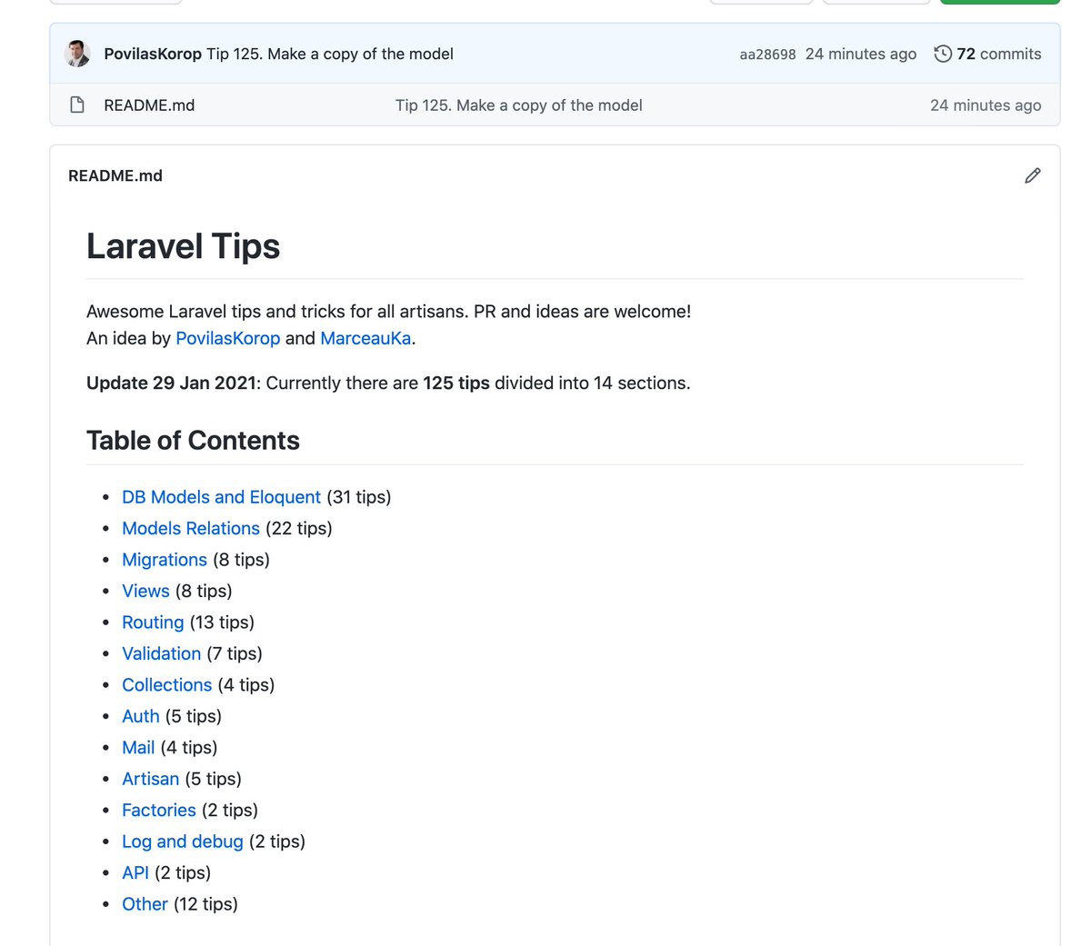 PovilasKorop's tweet image. I&apos;ve updated my public free repository of random Laravel Tips from 114 to 125 tips, check them out! github.com/LaravelDaily/l…