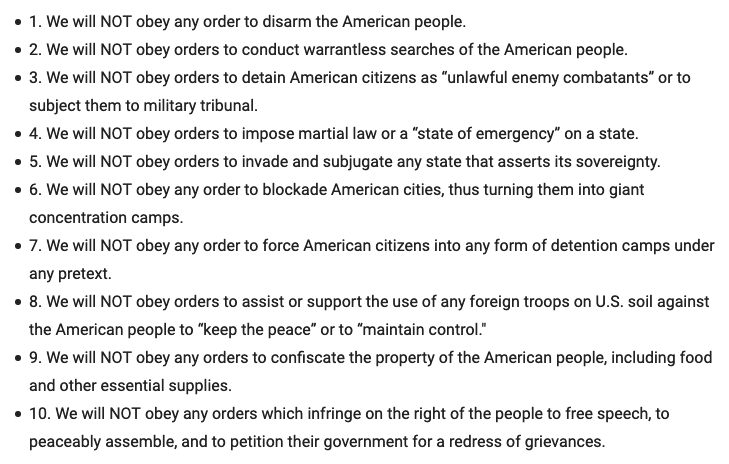 9) At the Broken Arrow event, Dyer had talked about the group he represented: the Oath Keepers. He also described the “ten orders we will not obey,” which mostly reflected paranoid fears of black helicopters and concentration camps common among ‘Patriots.’