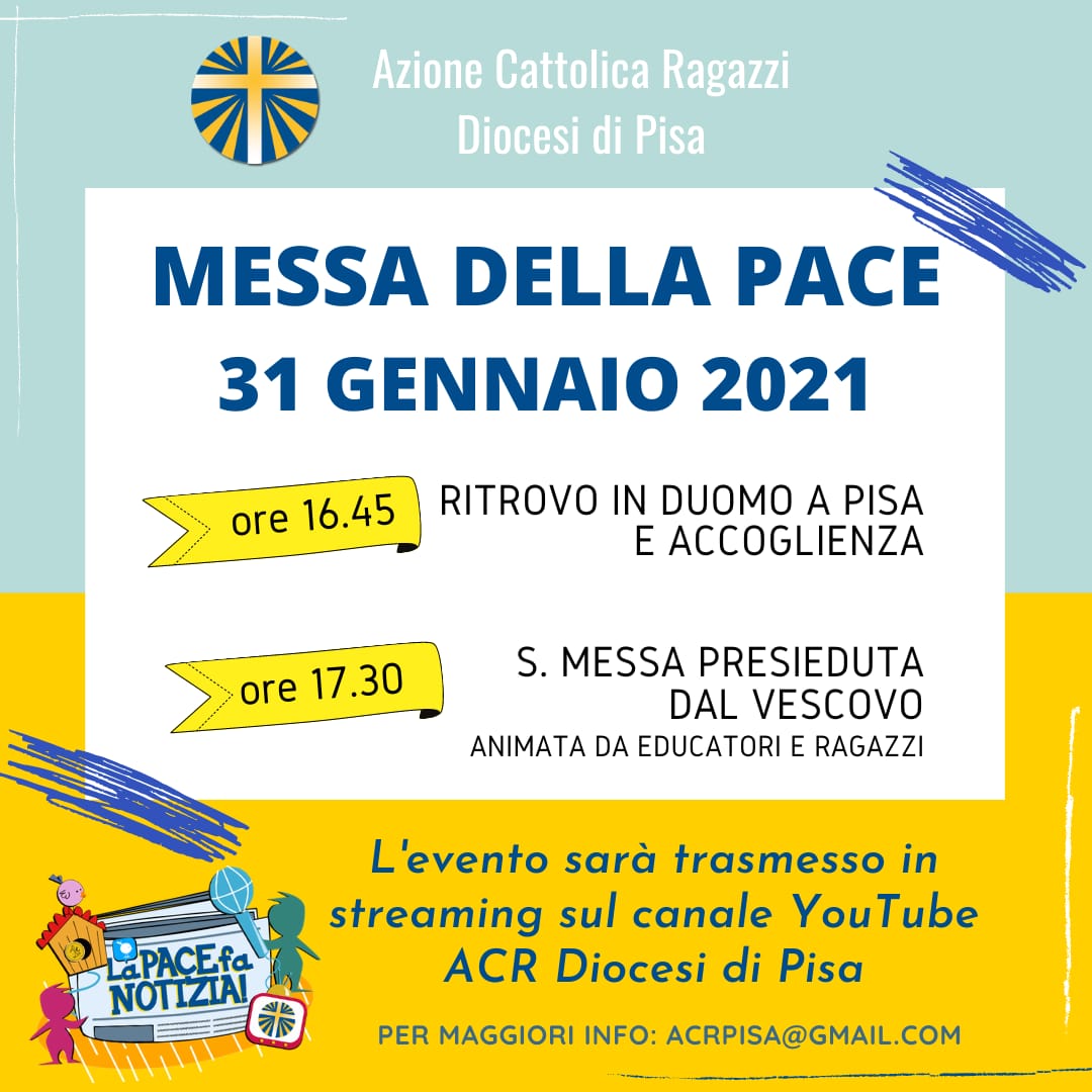 AcPisa's tweet image. La #Pace ci unisce in un rinnovato impegno di preghiera e vita quotidiana.
Domani ti aspettiamo per celebrare insieme con il nostro Arcivescovo #Pisa #ACR #lapacefanotizia