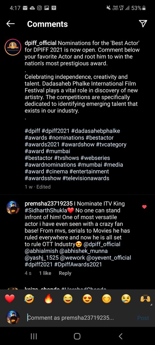 If you want to see @sidharth_shukla winning #Dpiff award then you have to work hard also! 
Spam the comment section of #DpiffAwards2021 with #SidharthShukla in all social media platform! Show them what power King holds!🔥
Fb-
facebook.com/11983314196531…
Insta-
instagram.com/p/CKTueghD4Uw/…