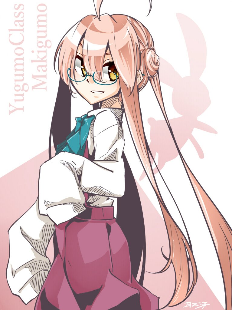 makigumo (kancolle) 1girl solo glasses sleeves past fingers pink hair sleeves past wrists hair bun  illustration images