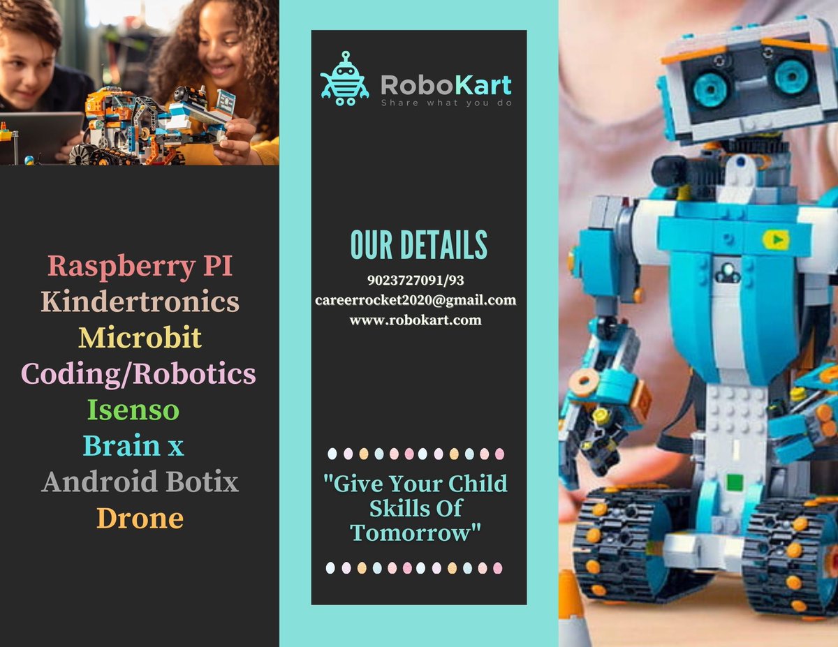 RobokartV's tweet image. # Problem solving
# Creative thinking
# Logical Thinking
# Coding
# Sensors and Actuators
# Mechanics and Designs...
All in one course....

For More details
9023727091/93
vd.gv@robokartmakerspace.com
robokart.com

#robokart #robotics #coading #activekids #lockdown