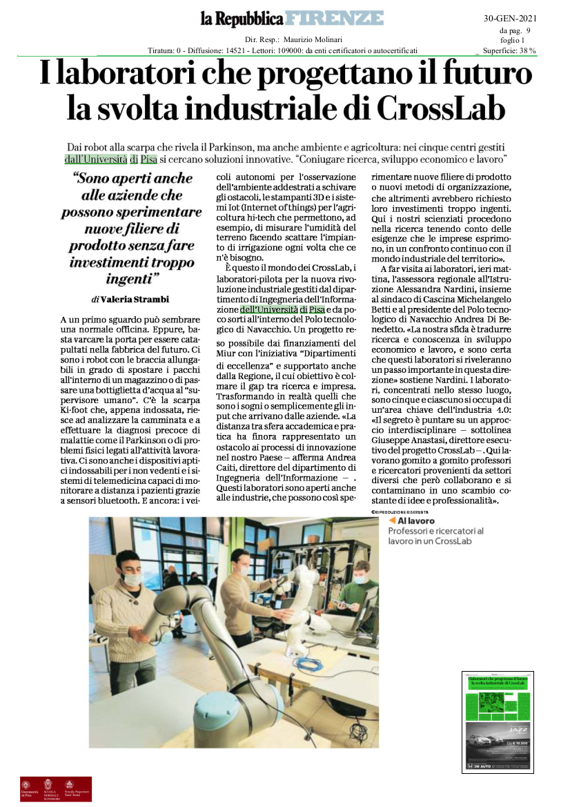 Oggi su <a href="/rep_firenze/">Repubblica Firenze</a> si parla dei #CrossLab e della #ricerca di frontiera per #industria40 <a href="/Unipisa/">Università di Pisa</a> <a href="/VperValeria/">Valeria Strambi</a> <a href="/GspAnastasi/">Giuseppe Anastasi</a>