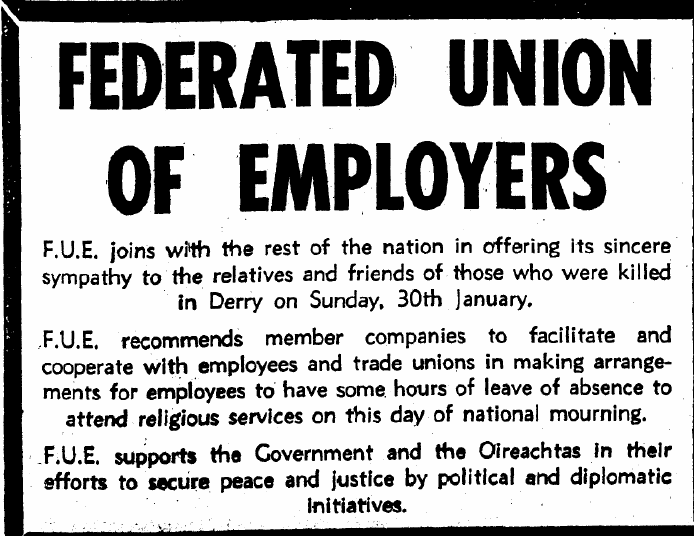 Various notices to do with the 1972 National Day of Mourning for the victims of Bloody Sunday