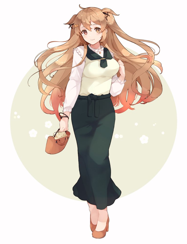 murasame (kancolle) ,murasame kai ni (kancolle) 1girl solo long hair brown eyes light brown hair two side up full body  illustration images