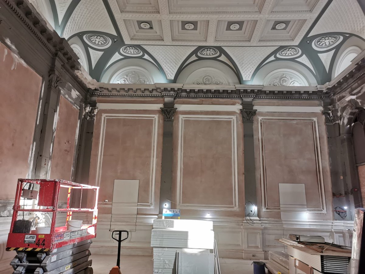 Skipton Town Hall over the last 12 months we have carried out the ceiling inspection and completed the plaster repairs to the main hall ceiling, the finishing touches completed last week new central high level roundel and 3 new wall panels to match existing . #skipton #heritage