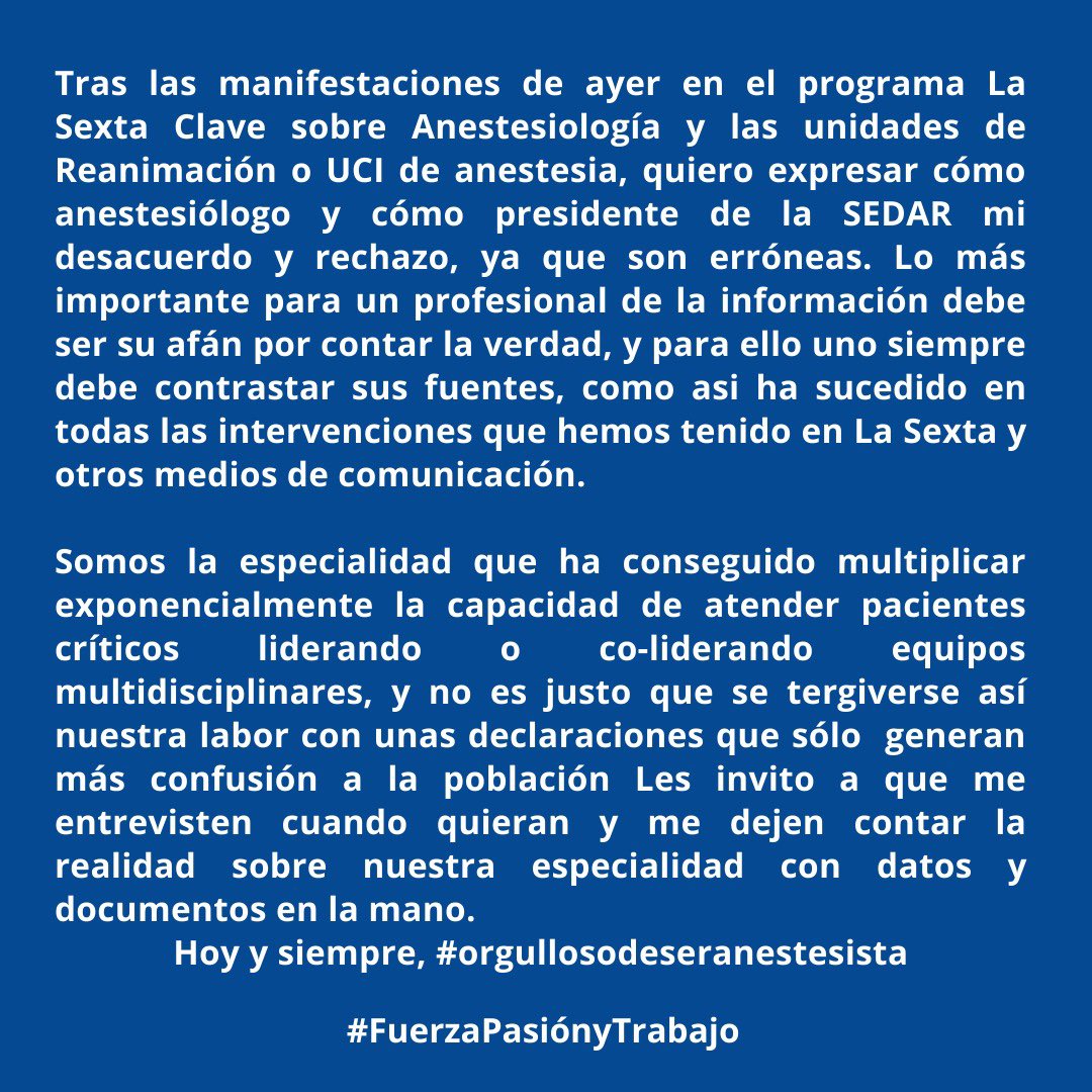 En plena 3 ola, cuando en todos los hospitales de España miles de anestesiologos luchan por la vida de los pacientes criticos COVID y no COVID, la informacion errónea ayer el <a href="/lasextaclave/">laSexta Clave</a> puede alarmar a la sociedad. Por favor <a href="/RodrigoBlazquez/">Rodrigo Blázquez</a> <a href="/_SaraRamos_/">Sara Ramos García</a> contrastar con SEDAR