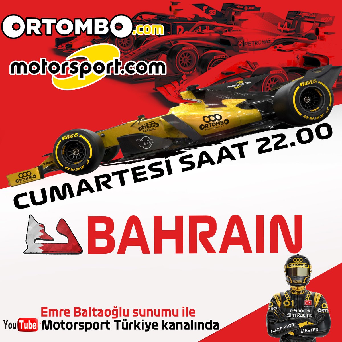 <a href="/ortomboespor/">ORTOMBO AKADEMİ/E-SPOR</a> ve <a href="/Motorsport_TR/">N🫠</a> işbirliğiyle düzenlenen f1 2020 turnuvası bu akşam ki sezonun ilk yarışıyla başlıyor...
Saat 22:00'de bahreyn pistinde start alacak turnuvamızı @emreybaltaoglu  sunumuyla <a href="/Motorsport_TR/">N🫠</a> youtube kanalından izleyebilirsiniz...