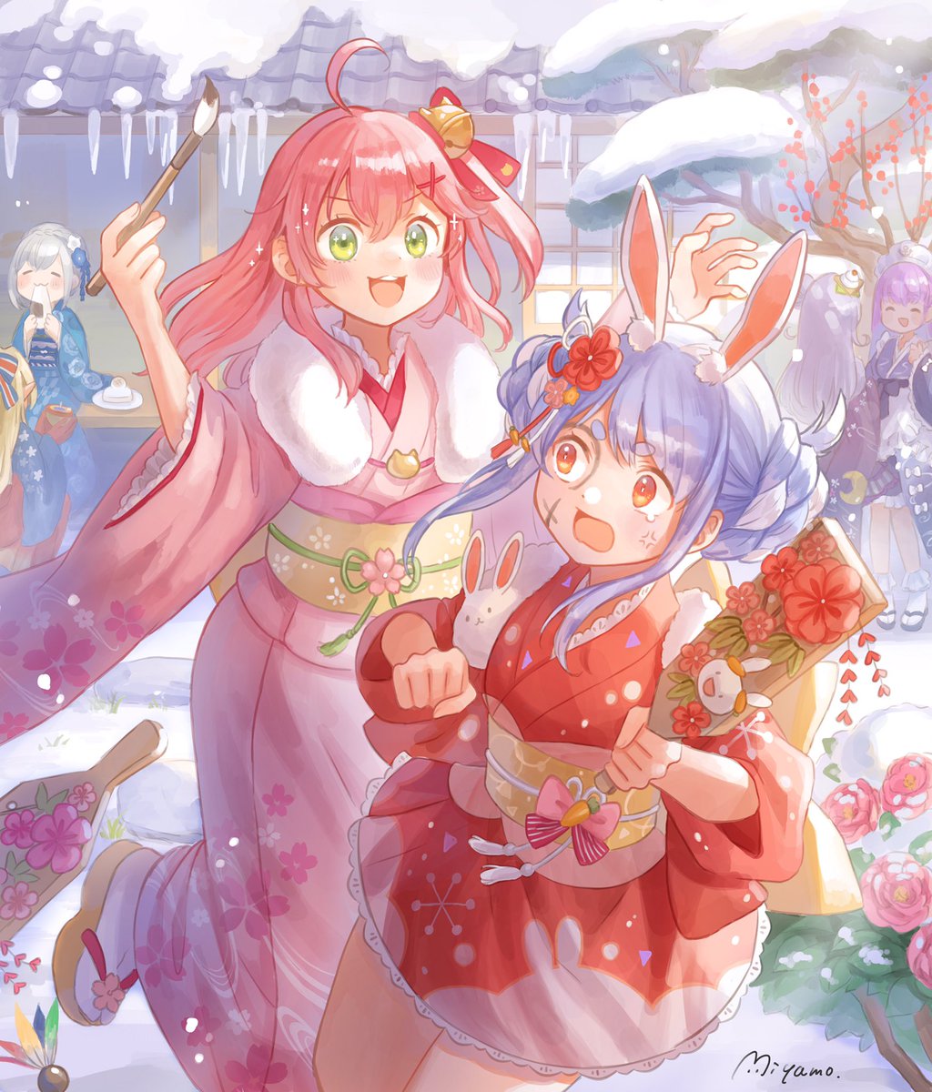 sakura miko ,shirogane noel ,usada pekora multiple girls kimono animal ears japanese clothes rabbit ears blue hair hanetsuki  illustration images