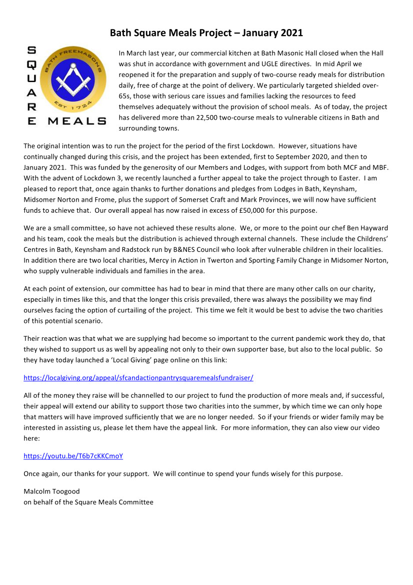 PGLSomerset's tweet photo. Newsletter from Bath masons regarding Square Meals https://t.co/7SniOjdGrU