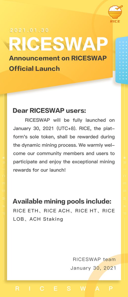 DeFi Market Enters New Uptrend Season 

New decentralized financial system, launches into the market

Ecological model with multiple revenue streams
Deflationary system generating limitless upside potential

Join RICESWAP now to start enjoying stellar front-runner mining rewards!