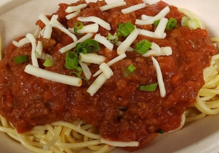 Our special today is Spaghetti with Meat Sauce and Garlic Bread for $6.50. It is available from 10 AM - 3 PM.