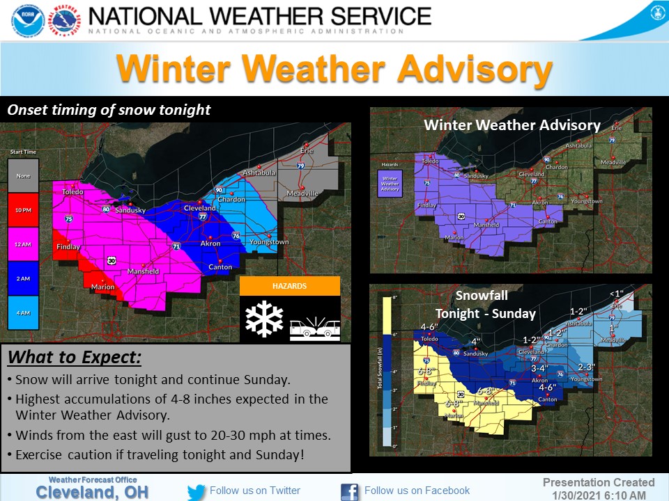 NWSCLE's tweet image. A Winter Weather Advisory has been issued for NW and North Central Ohio tonight through Sunday. Locations in the Advisory can expect 4 to 8 inches of #snow with the heaviest falling between midnight and noon. Use caution and plan extra time if traveling tonight and Sunday! #CLEwx