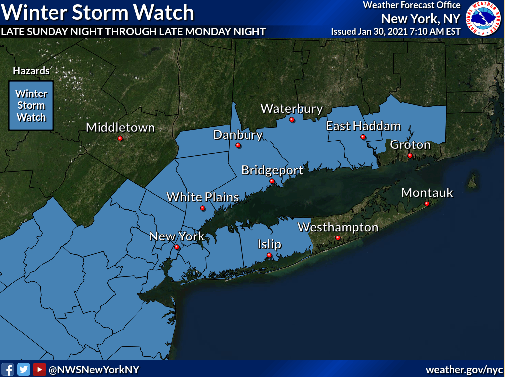 NWSNewYorkNY's tweet photo. A Winter Storm Watch has been issued for late Sun. night through late Mon. night for much of the area. Strong winds for the city and the coast are possible, along with coastal flooding concerns. #nywx #nycwx #njwx #ctwx #liwx https://t.co/IZ9djyQCmP