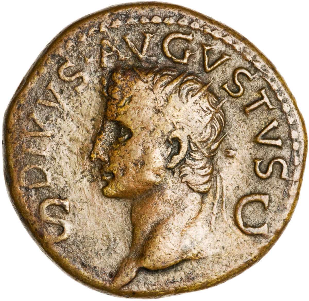 The Obverse of the coin shows a portrait of Augustus wearing a radiate crown, a mark of deification for the men of the imperial family, with the simple Legend DIVVS AVGVSTVS S C - 'The Deified Augustus, by decree of the Senate'.