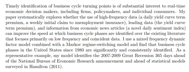 Xiang ‘Ivy’ Li“Nowcasting Business Cycle Phases with High-Frequency Data” https://lx0413.github.io/files/Xiang-Ivy-Li_JobMarketPaper.pdf