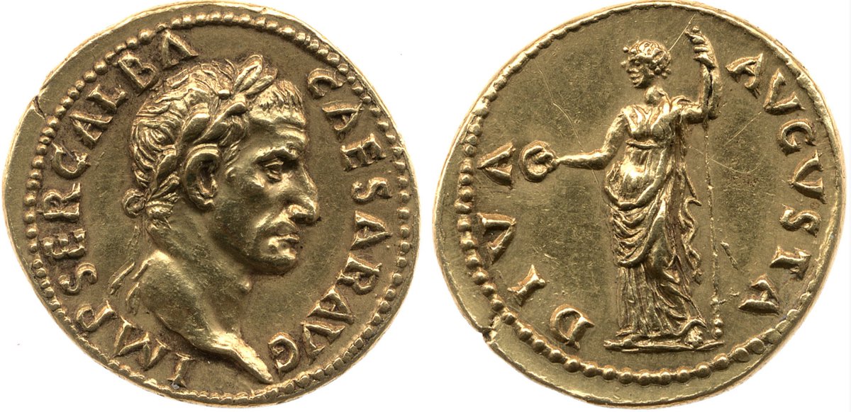 Livia would also be utilised by later emperors, again as a means of acquiring legitimacy. Here she features on the Reverse of an aureus of Galba, ca. AD 68-69, again as Diva Augusta.Image: RIC Galba 184; British Museum (1867,0101.632). Link -  http://numismatics.org/ocre/id/ric.1(2).gal.184