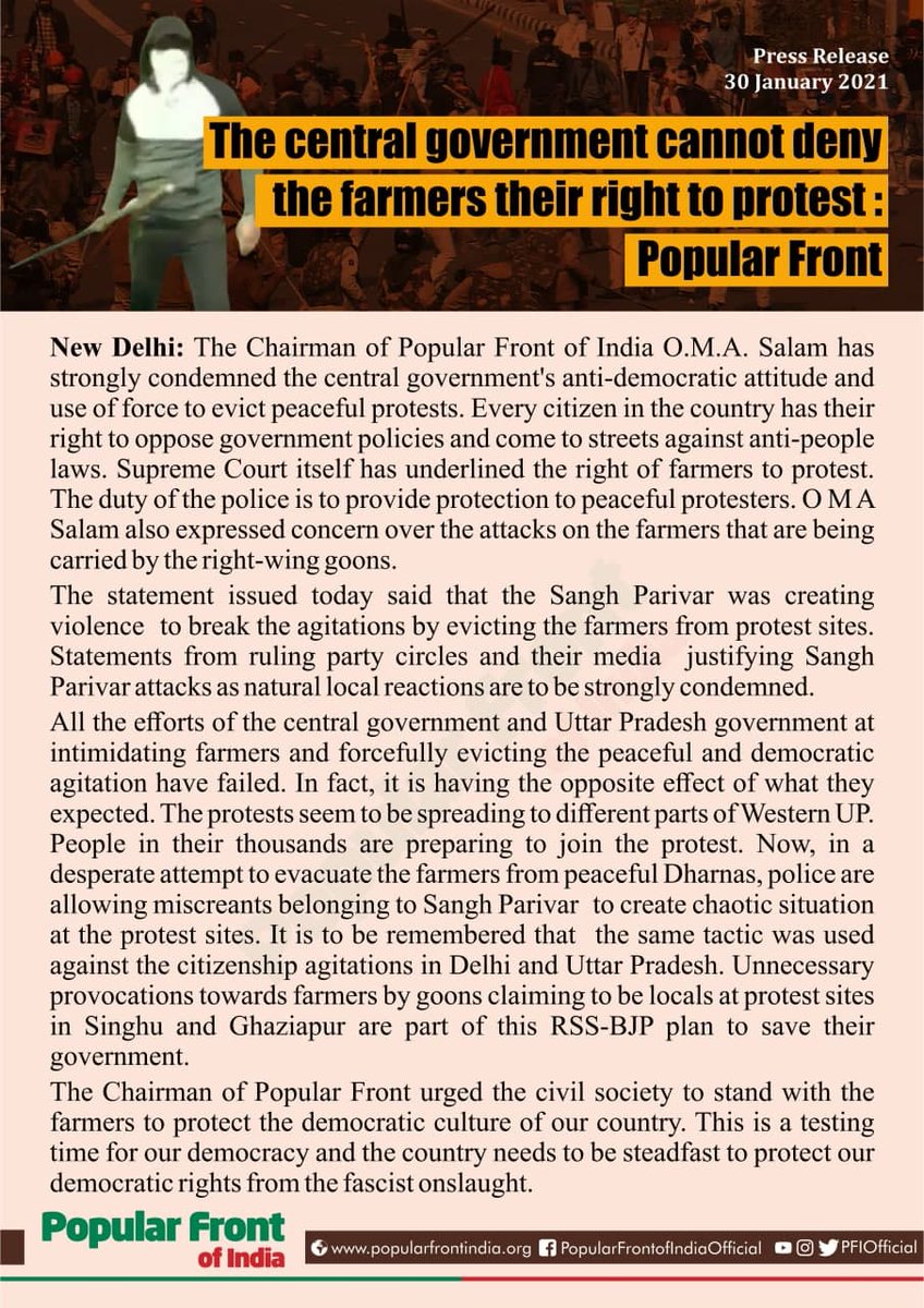 PFIOfficial's tweet photo. #PressRelease / 30 January 2021

The central government cannot deny the farmers their right to protest:  #Popular_Front

#FarmersProtests #FarmerLivesMatter https://t.co/x0pHw5unAD