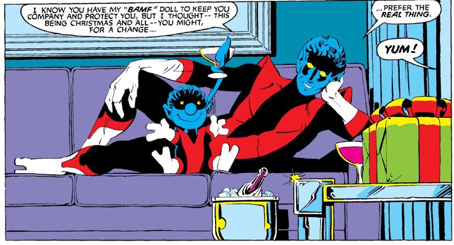 Perhaps the Bamf doll’s most memorable appearance is in Uncanny #168, where it’s both a phallic symbol and evokes gender play, literalizing Kurt’s unconventional self-objectification as he gives himself to Amanda and invites her to consume and/or play with him. 3/10