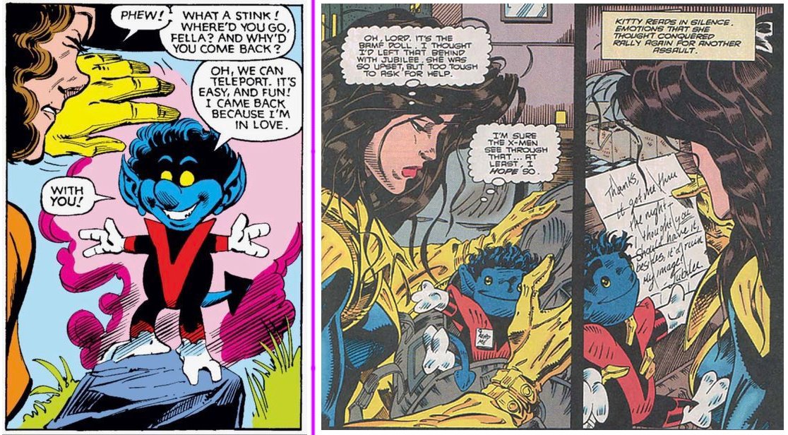In Kitty’s infamous “Fairy Tale” from Uncanny #153, Bamf dolls are imbued with (problematically flirtatious) life. And in later (largely post-Claremont) stories, several younger female X-Men have or share a Bamf doll, including Illyana, Jubilee, Rachel, and Kitty. 4/10